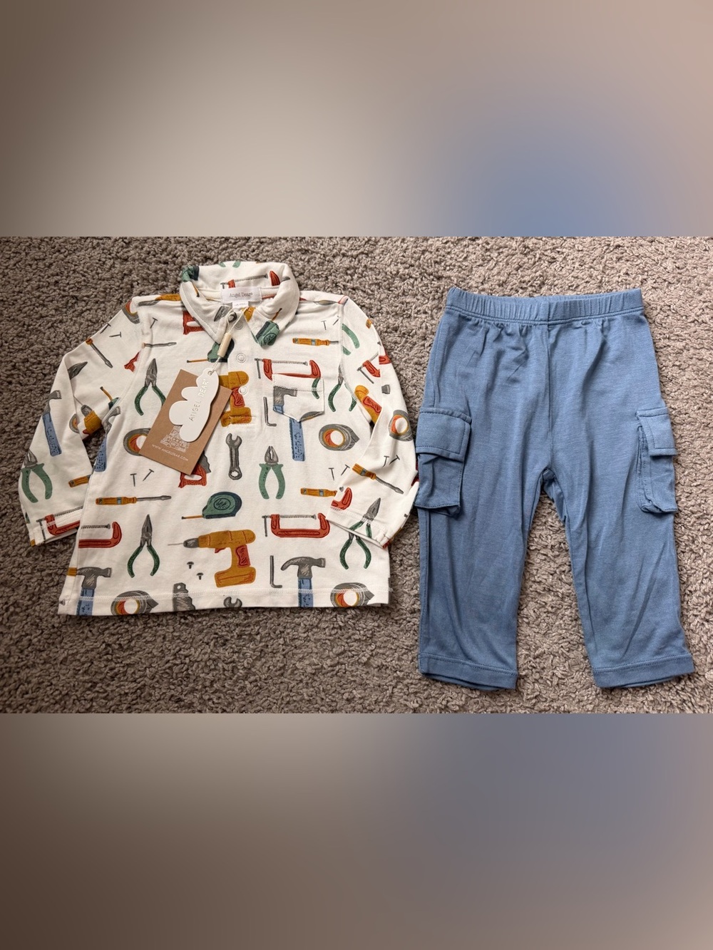 Angel Dear Bamboo Tool-Print Top with Blue Pants 3/6